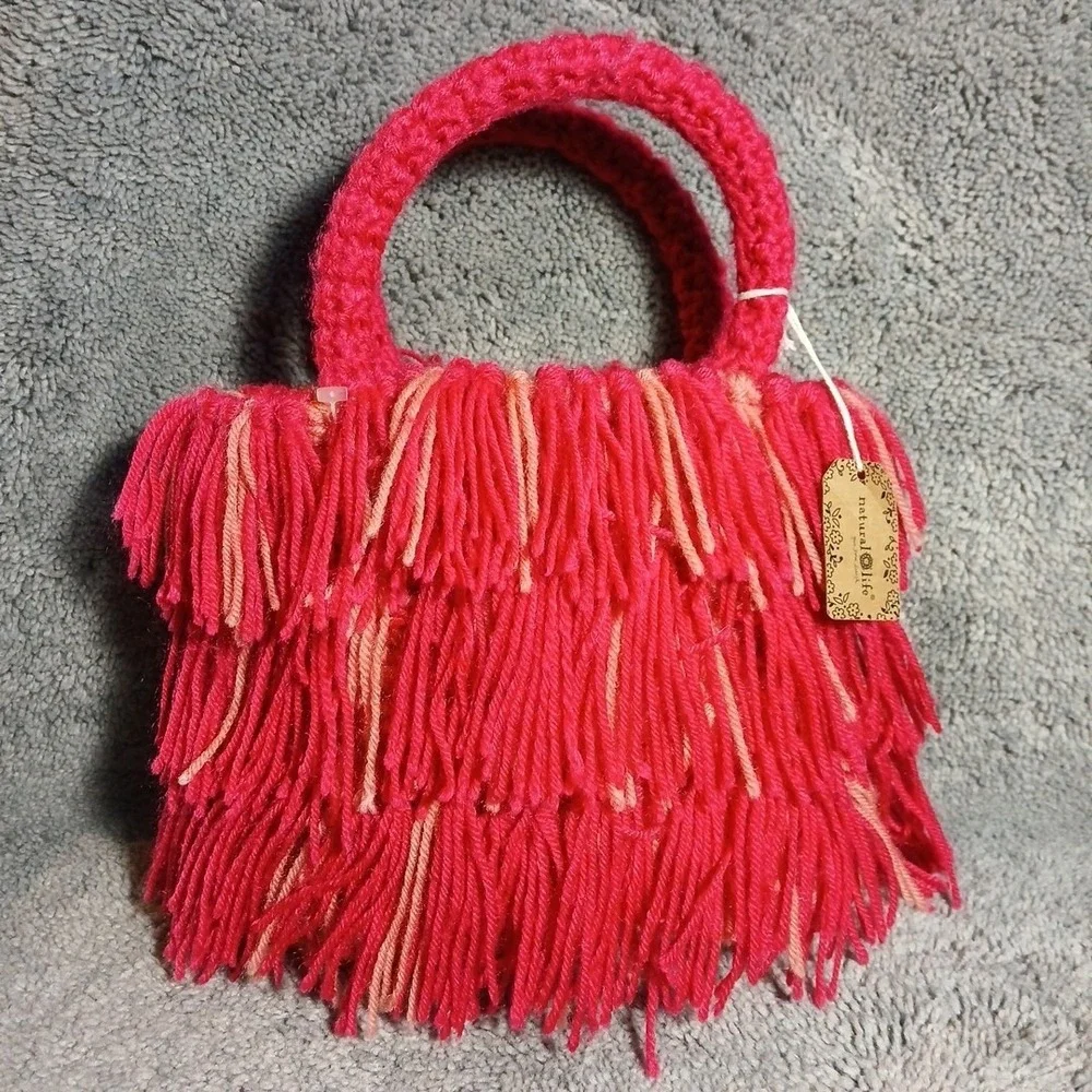 Natural Life Baby Pink Bright Pink Crochet Yarn Purse Hand Bag NWT!